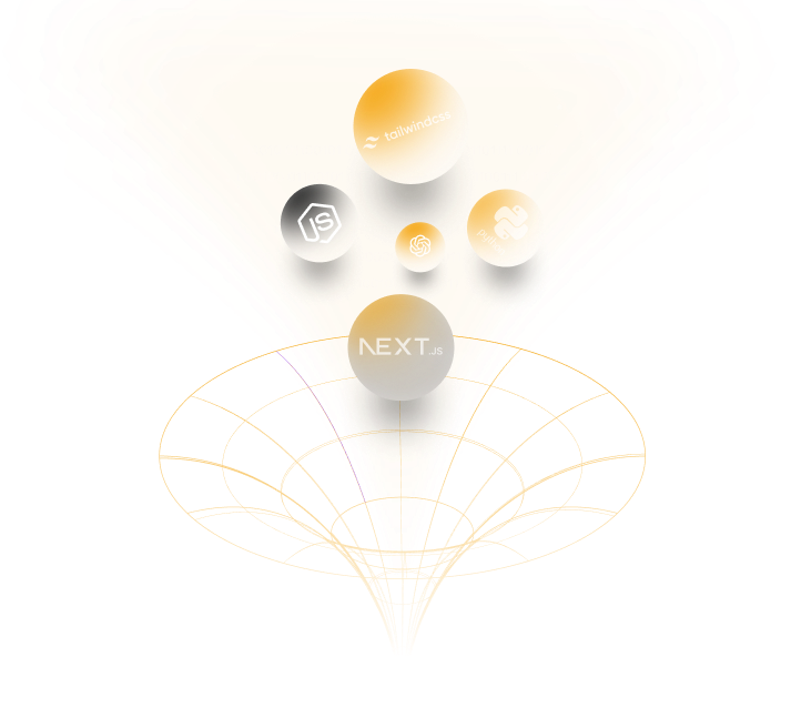 Technology stack visualization showing React, Node.js, TailwindCSS, Next.js and other modern technologies