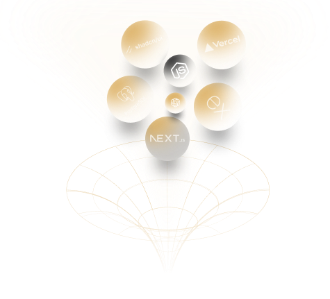 Technology stack visualization showing React, Node.js, TailwindCSS, Next.js and other modern technologies