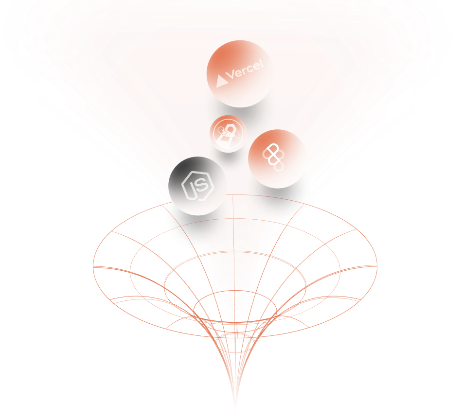 Technology stack visualization showing React, Node.js, TailwindCSS, Next.js and other modern technologies