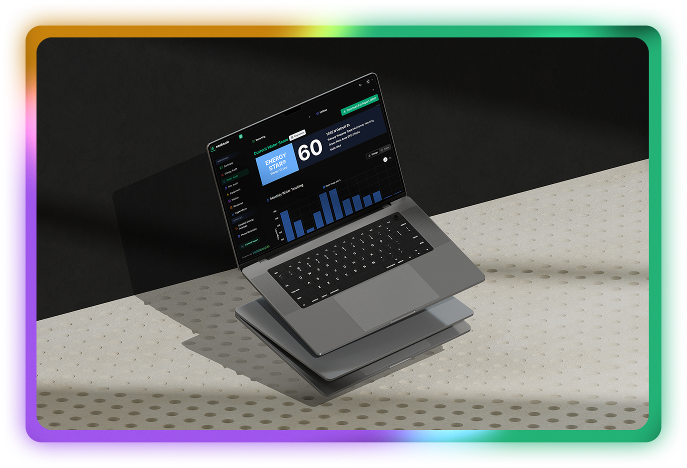 IntelliAudit Dashboard showing Energy Score of 60 with charts and analytics