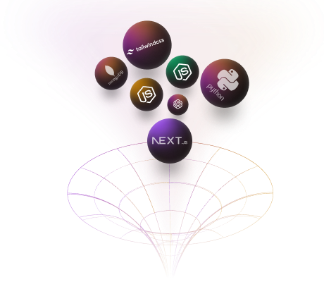 Technology stack visualization showing React, Node.js, TailwindCSS, Next.js and other modern technologies
