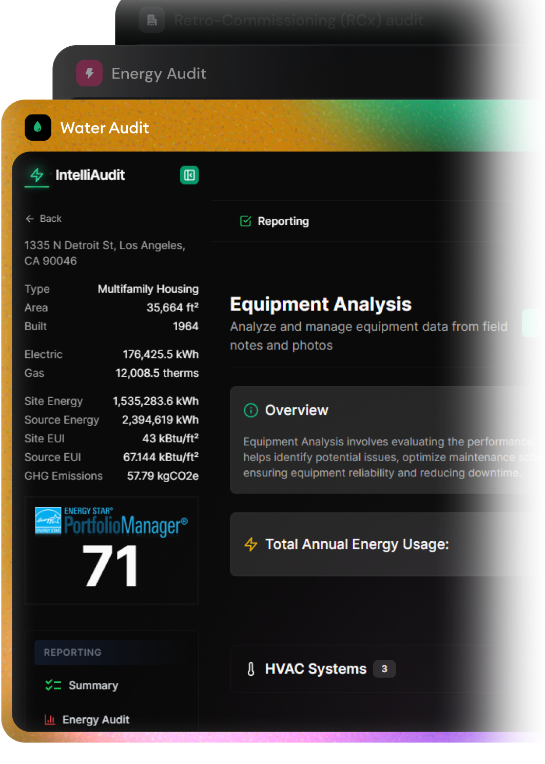 IntelliAudit Mobile Interface showing energy audit dashboard