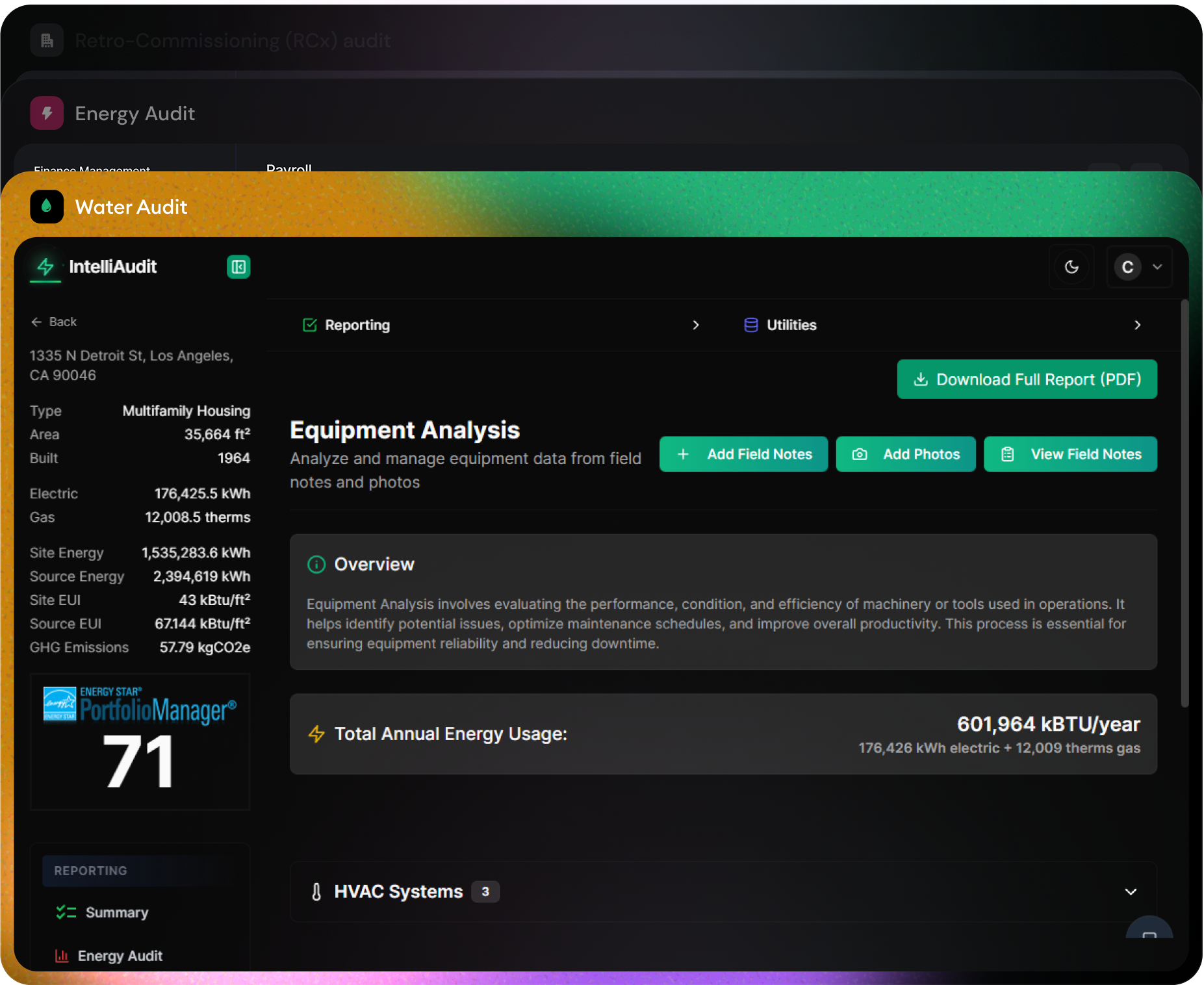 IntelliAudit Mobile Interface showing energy audit dashboard