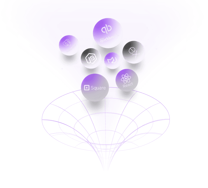 Technology stack visualization showing React, Node.js, TailwindCSS, Next.js and other modern technologies