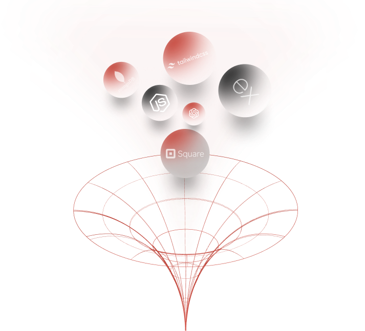 Technology stack visualization showing React, Node.js, TailwindCSS, Next.js and other modern technologies