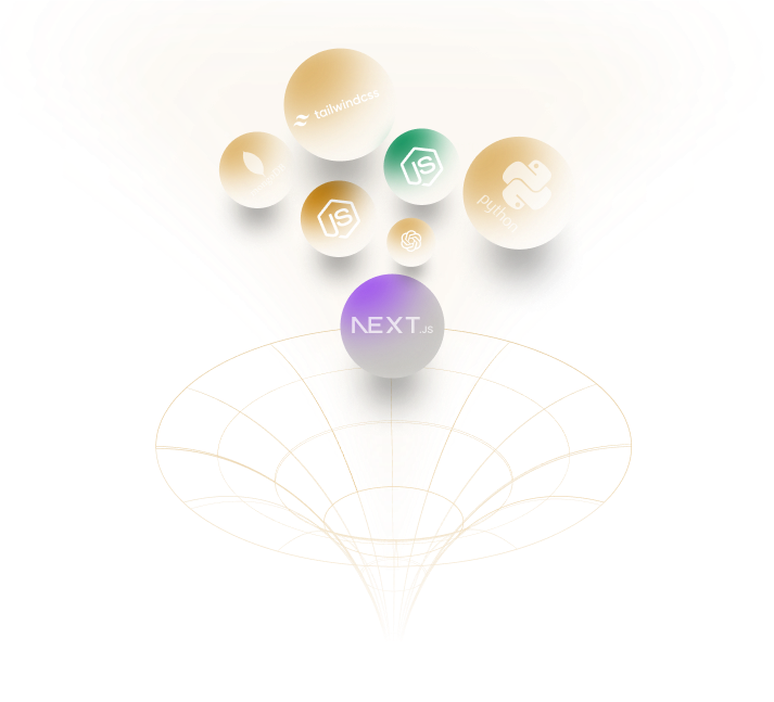 Technology stack visualization showing React, Node.js, TailwindCSS, Next.js and other modern technologies
