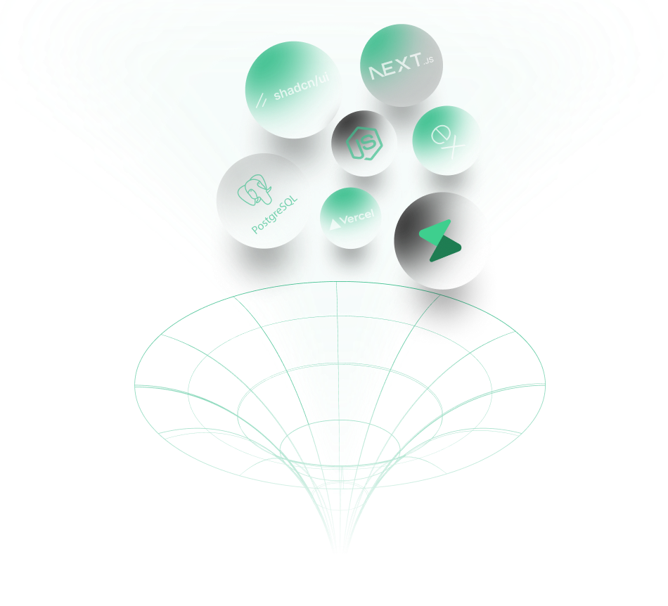 Technology stack visualization showing React, Node.js, TailwindCSS, Next.js and other modern technologies